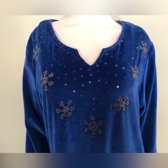NWT Quacker Factory Velvet House Dress 3/4 Sleeve Snowflakes Bling Blue XL - Picture 4 of 11